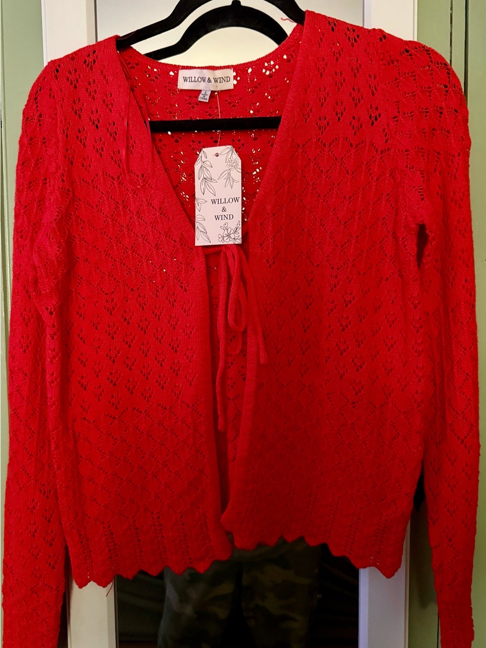 BNWT! Willow & Wind Red Soft Open Knit Neck Tie-Front Sweater Cardigan - Size S
